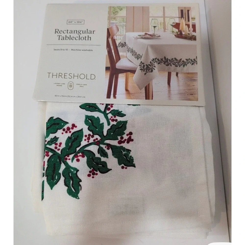 Threshold Christmas Holly Berry Border Cotton Rectangular Tablecloth‎ White